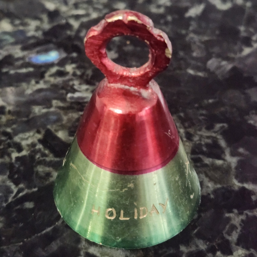 vintage brass holiday bell ornament, painted in red and green From India